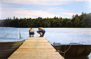 A realist painting of a
lake scene featuring boats moored at a wooden dock and two people at the water's edge.