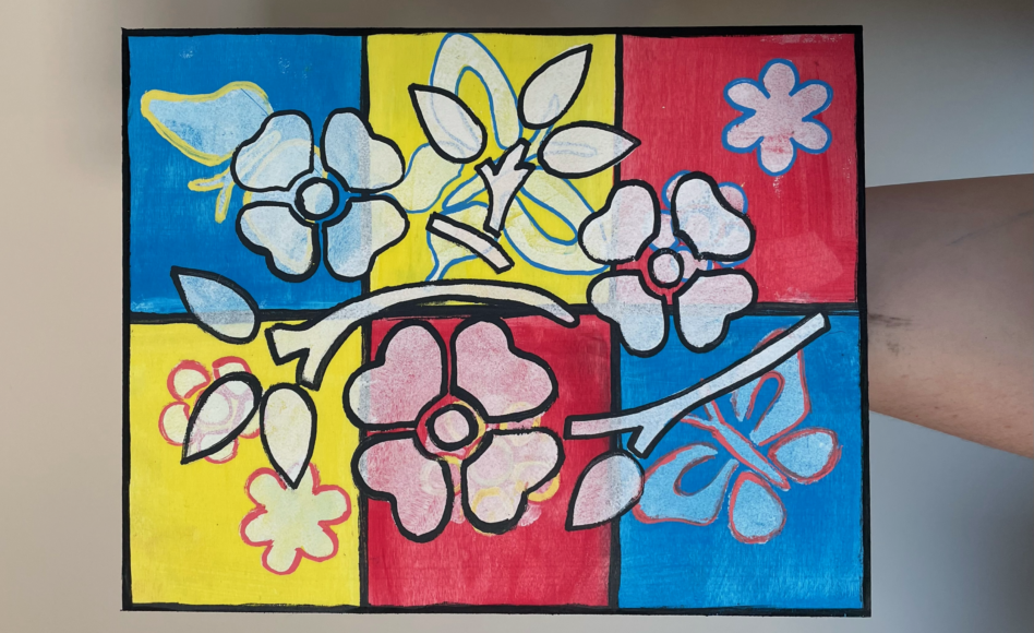 Painting with blue, yellow, and red squares with white flowers overtop.