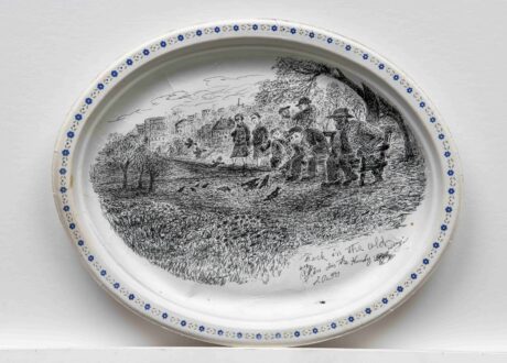 A pen and ink drawing by Harold Cromwell on a Chinet plate