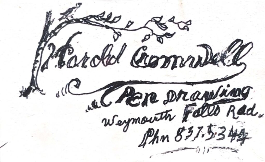 Hand drawn business card of artist Harold Cromwell featuring his signature in script