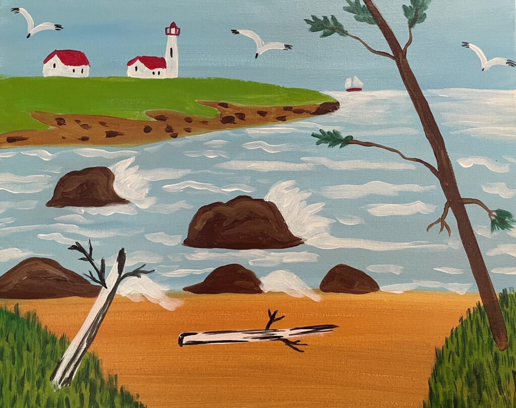 A painting of a seaside scene in the style of Maud Lewis