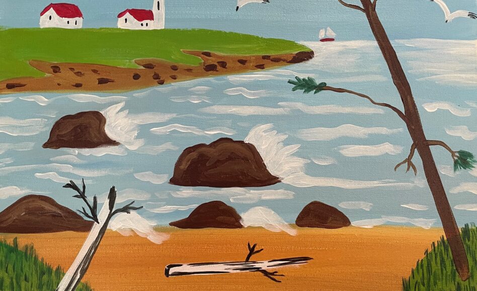 A painting of a seaside scene in the style of Maud Lewis