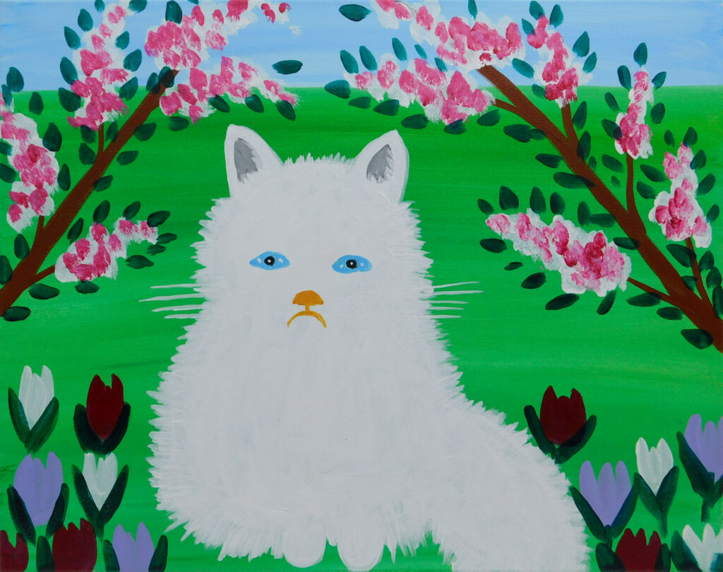 A painting of a white cat with green grass, pink blossoms, and coloured tulips in the style of Maud Lewis