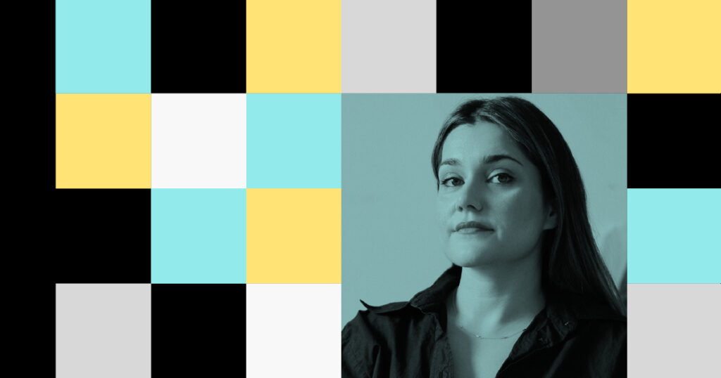 A black and blue image of artist Hangama Amiri surrounded by black, blue, white, yellow, and grey squares.