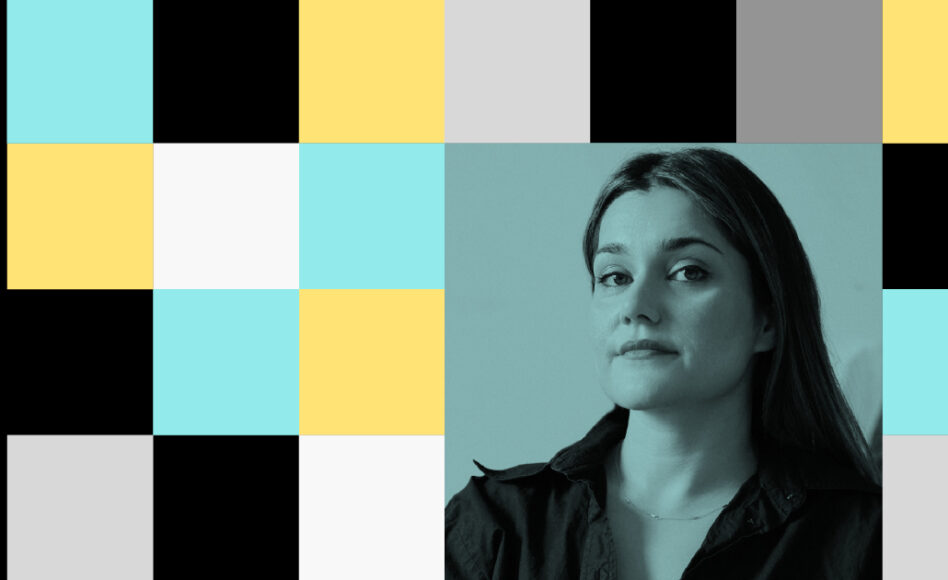 A black and blue image of artist Hangama Amiri surrounded by black, blue, white, yellow, and grey squares.