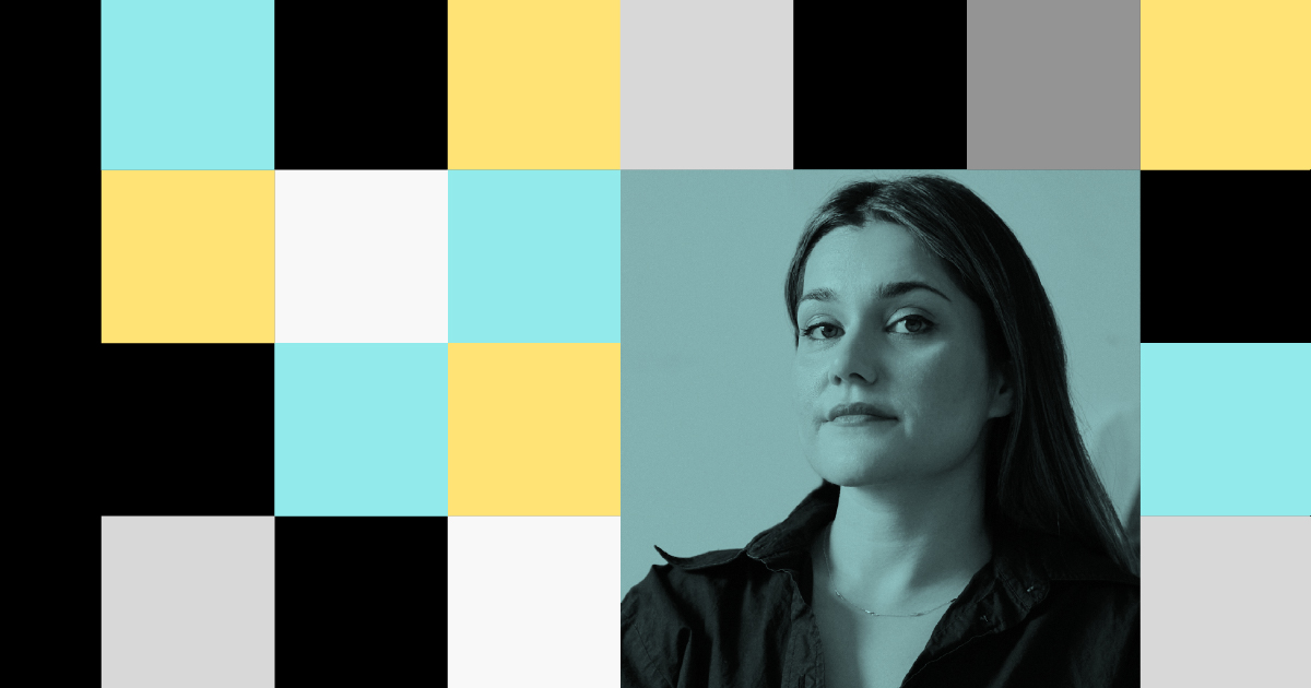 A black and blue image of artist Hangama Amiri surrounded by black, blue, white, yellow, and grey squares.