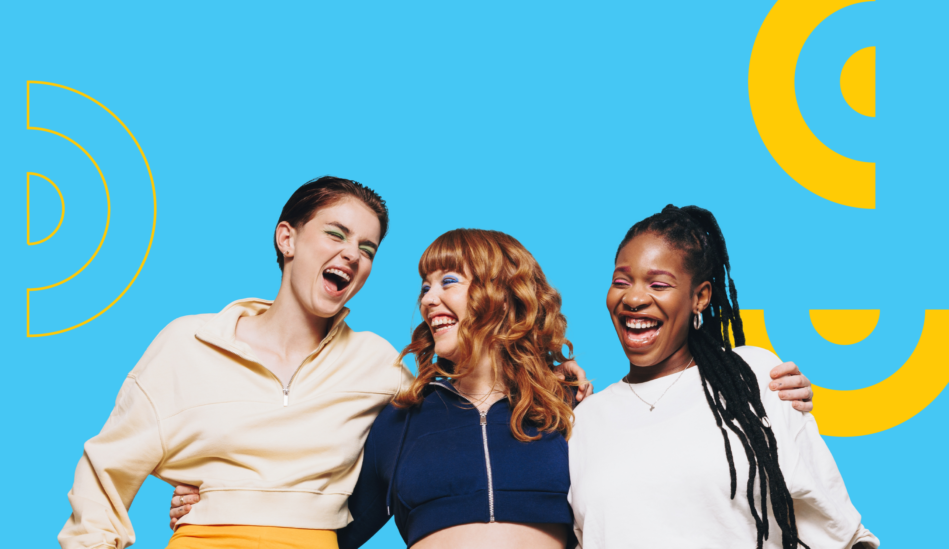 Three young women against a blue background with yellow graphics