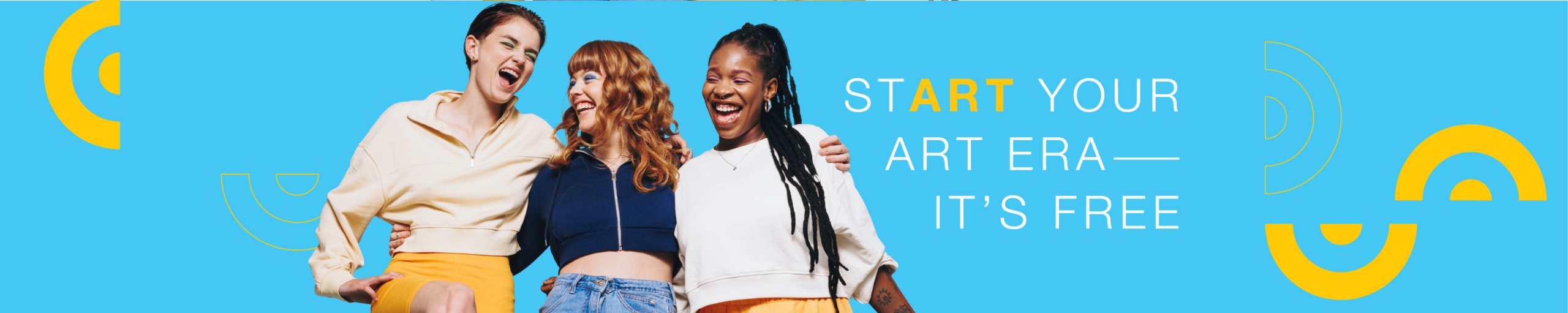 Three young women against a bright blue background with text that reads 