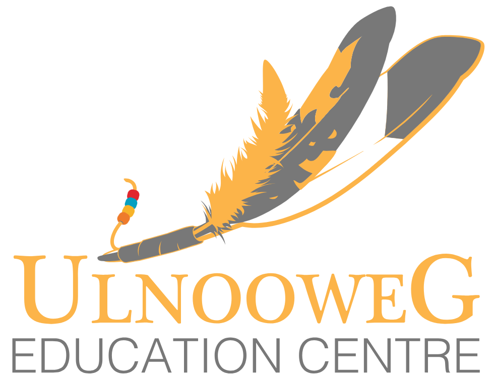 Logo for the Ulnooweg Education Centre written in Yellow and Grey with an illustration of a feather in yellow and grey