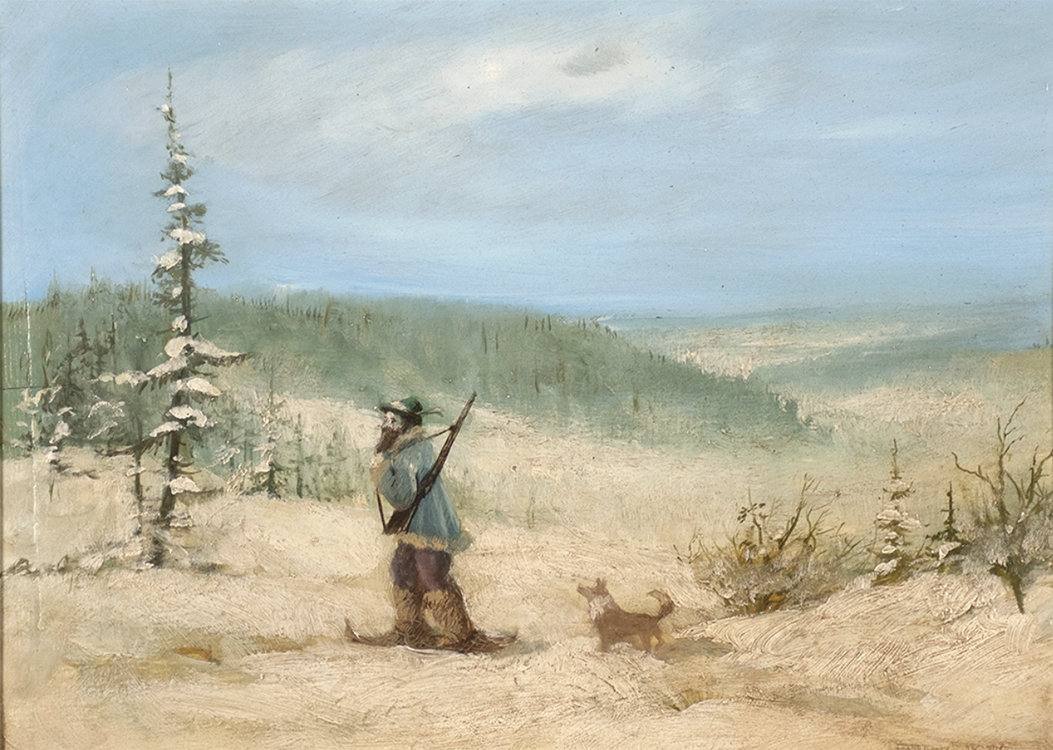 A landscape painting by Forshaw Day with a man and a dog