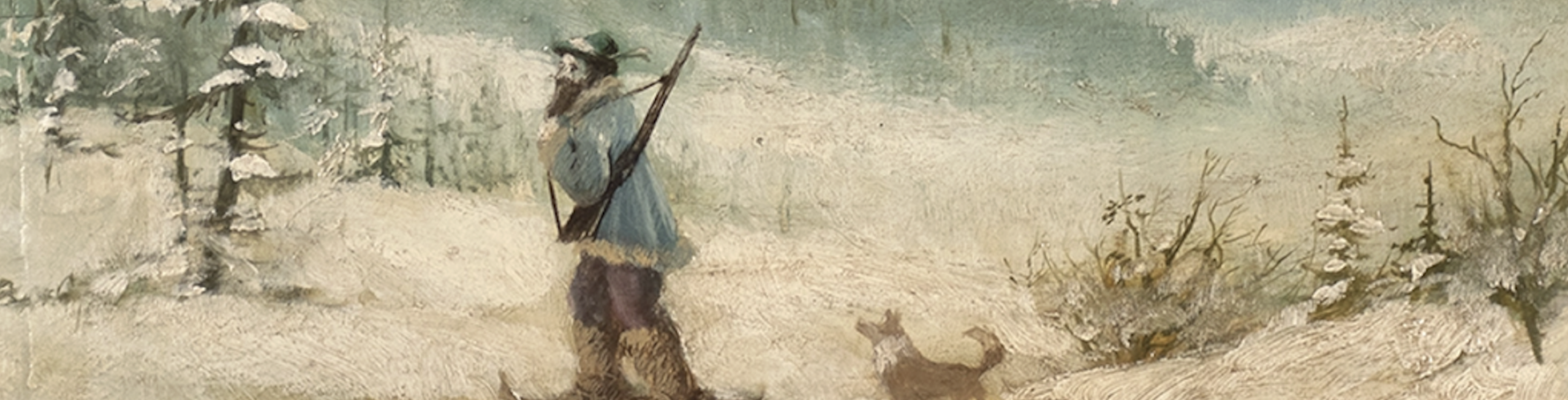 A landscape painting by Forshaw Day with a man and a dog