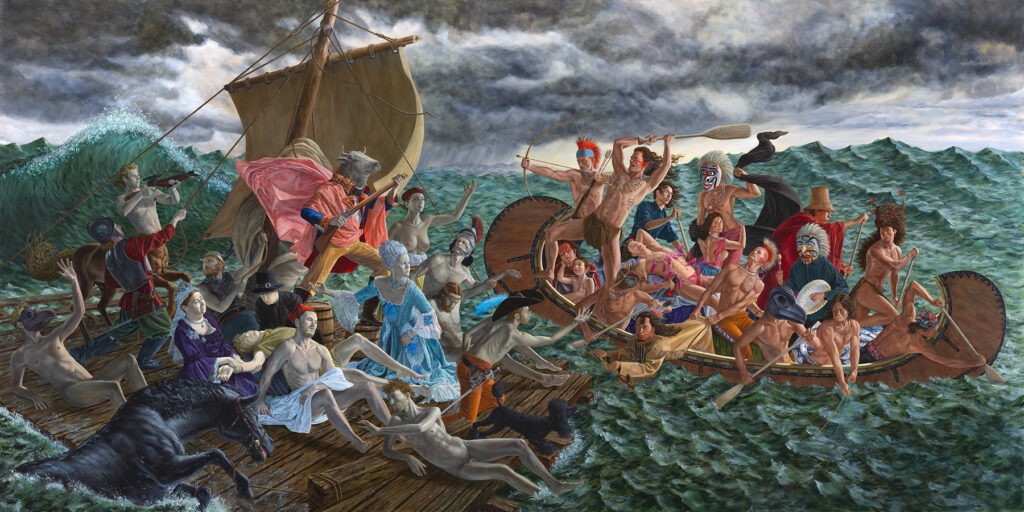 Wide narrative painting by Kent Monkman depicting a high-seas confrontation between Indigenous figures in a wooden canoe on the right and European colonial figures and mythical creatures on a raft to the left under stormy skies.