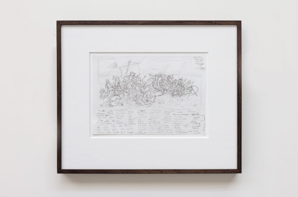 Framed graphite sketch on paper, mounted with a white mat inside a dark wood frame. The drawing shows a preliminary compositional study of figures in boats at sea, accompanied by handwritten study notes beneath the sketch.
