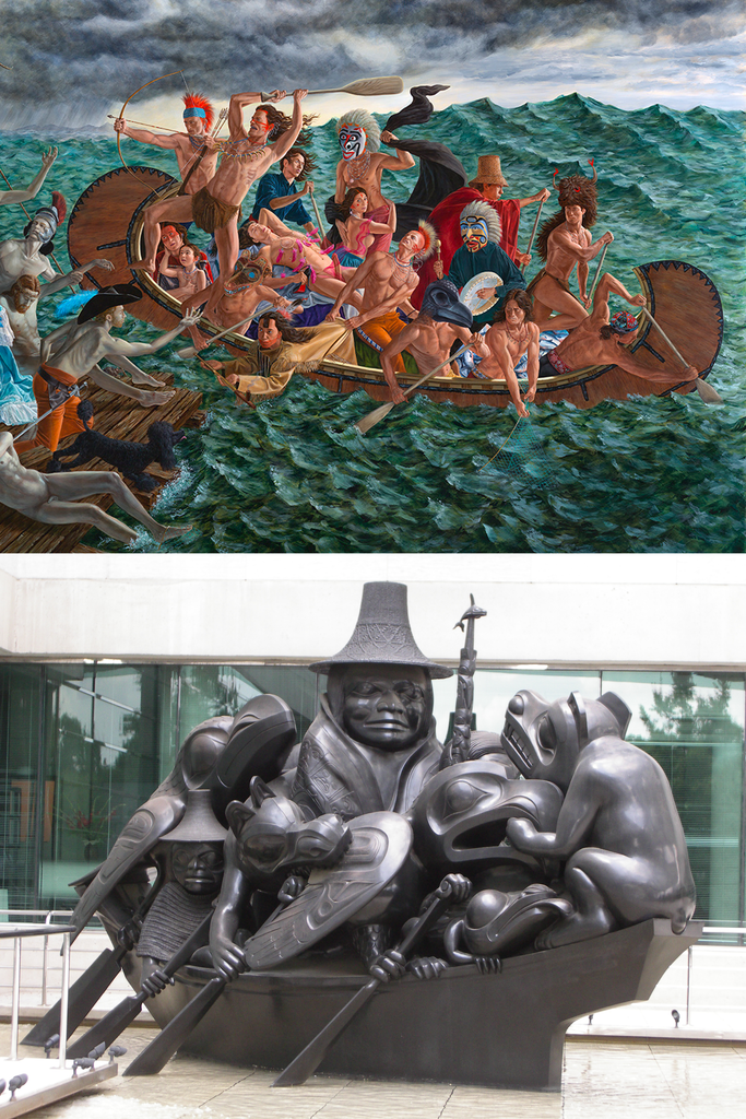Stacked comparative graphic showing a crop of Indigenous figures in a wooden canoe from Kent Monkman's Miss Chief's Wet Dream (2018) above Bill Reid's bronze sculpture The Spirit of Haida Gwaii, the Black Canoe (1986).