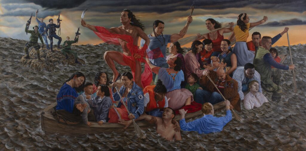 Kent Monkman, Study for mistikôsiwak (Wooden Boat People)—Resurgence of the People (Final Variation), 2019. Acrylic on canvas. 107.3 × 213.4 cm. Collection of the Sobey Art Foundation. RAW Photography (Steve Farmer).