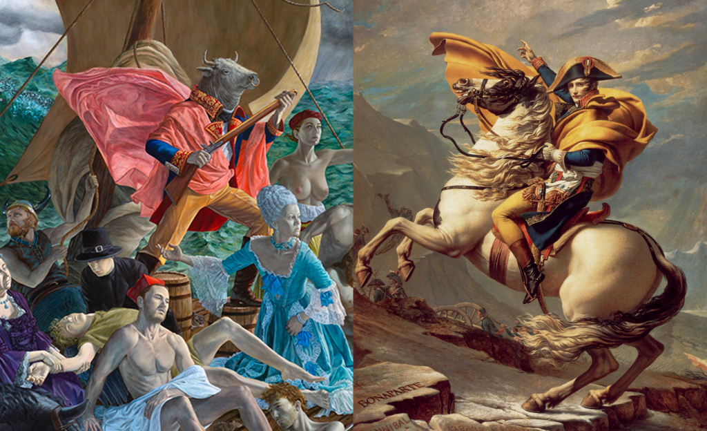 Side-by-side comparative graphic showing a detail of a bull-headed figure in a pink cape from Kent Monkman's Miss Chief's Wet Dream (2018) on the left, next to Jacques-Louis David's 1800-1801 painting Napoleon Crossing the Alps on the right.