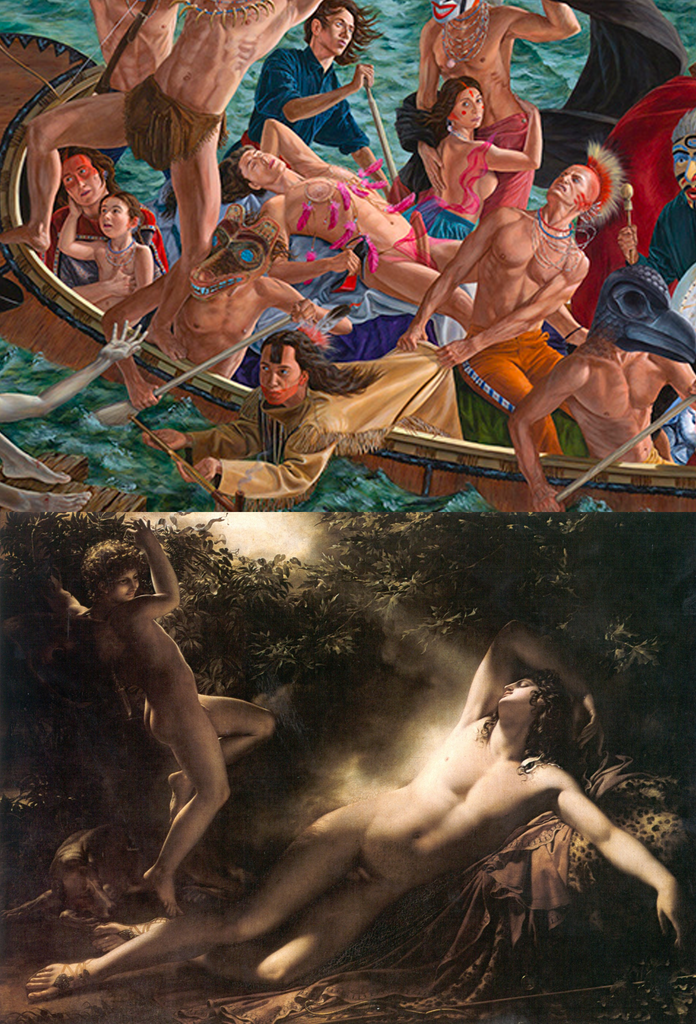 Comparative graphic showing a cropped detail of a sleeping Miss Chief from Kent Monkman's Miss Chief's Wet Dream (2018) above Anne-Louis Girodet's painting The Sleep of Endymion (1791).