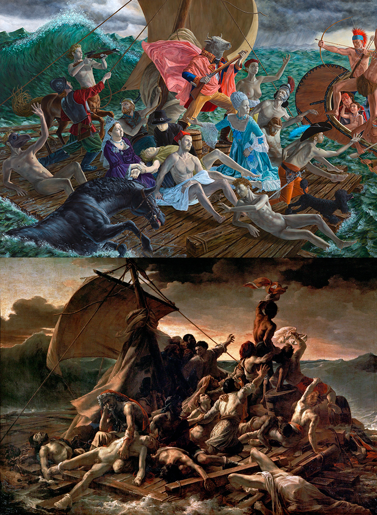Vertical comparison graphic showing a detail from Kent Monkman's Miss Chief's Wet Dream (2018) above Jean Louis Théodore Géricault's The Raft of the Medusa (1818-1819).