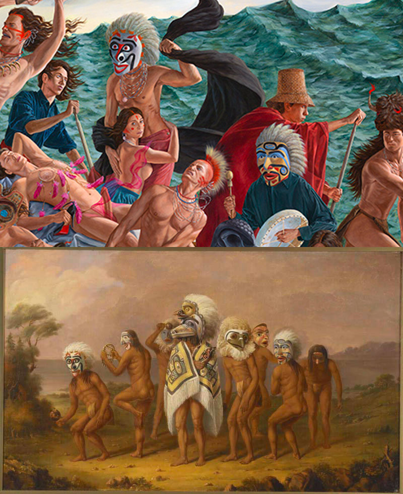 Stacked comparative graphic showing a cropped detail of Indigenous figures and ceremonial masks from Kent Monkman's Miss Chief's Wet Dream (2018) above Paul Kane's Medicine Mask Dance (1849-1856).